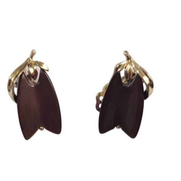 Vintage Lisner Brown & Gold Clip-On Earrings Thermoset Chocolate Estate 1.25" - Picture 2 of 5